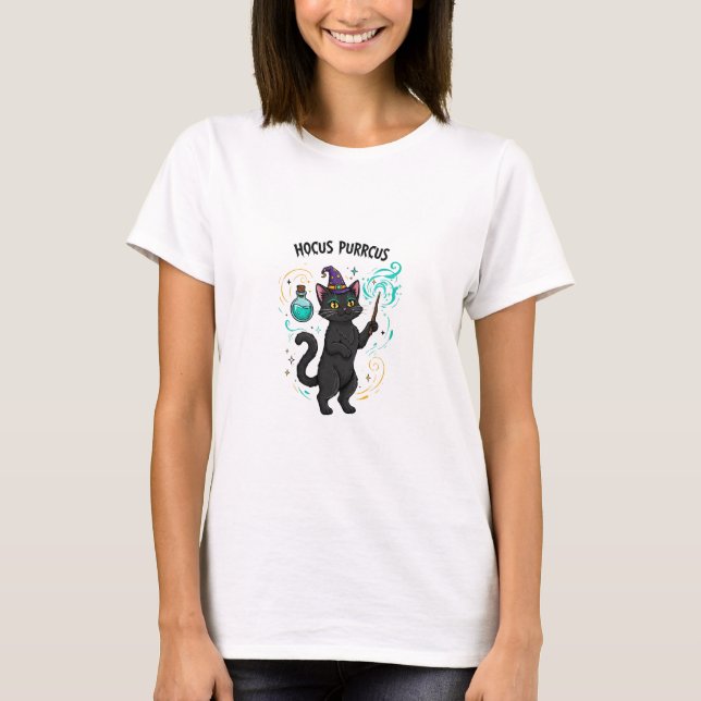 Hocus Purrcus - Magic Halloween Cat Woman T Shirt (Framsida)
