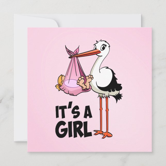 Hoera een meisje - ooievaar met baby  inbjudningar (Framsida)