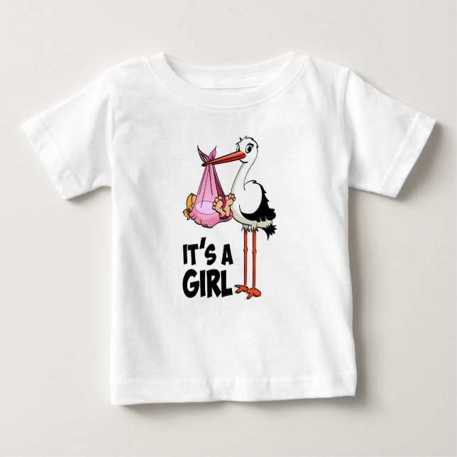 Hoera het is een meisje - ooievaar met baby. t shirt (Framsida)