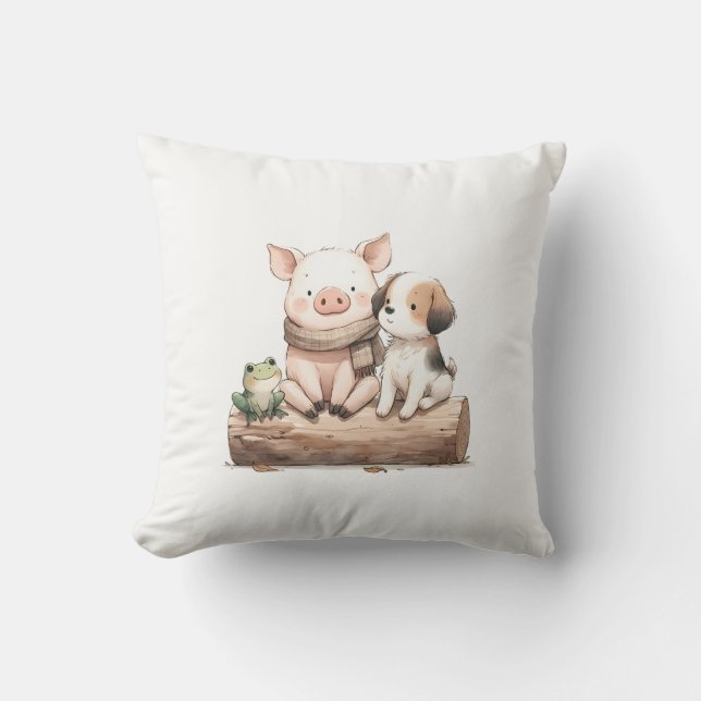 Hog, Frog & Hund på en logg! Kute Animal Friends K Kudde (Framsida)
