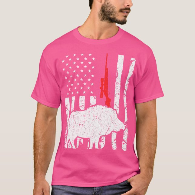 Hog Hunting Us Flagga Patriotic American Rifle T Shirt (Framsida)