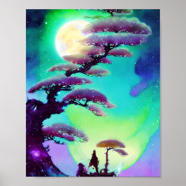 Hög lila bonsai och måne poster (Framsidan)