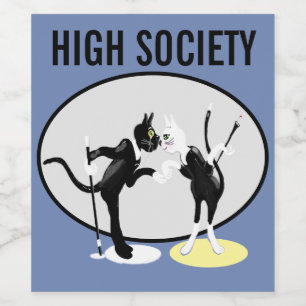 Hög societet katter i svart och vit dräkt vinflaska etikett