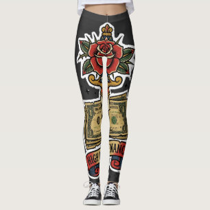 Hög Underhåll Pengar Dolk Ros Tatuering Blixt B Leggings