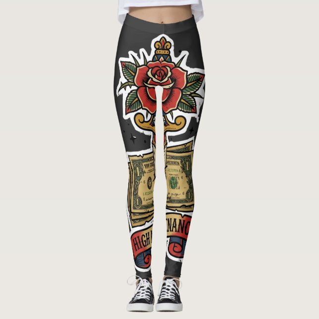 Hög Underhåll Pengar Dolk Ros Tatuering Blixt B Leggings (Framsida)