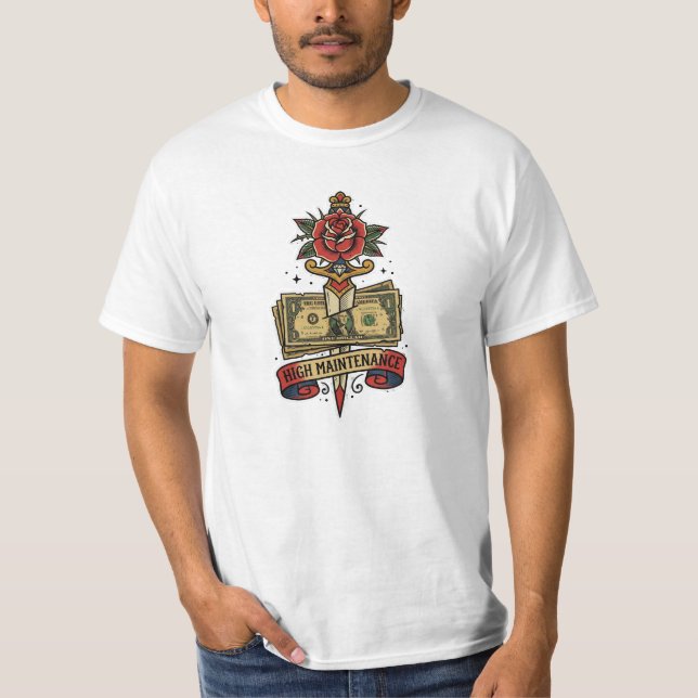 Hög Underhåll Pengar Dolk Ros Tatuering Blixt B T Shirt (Framsida)