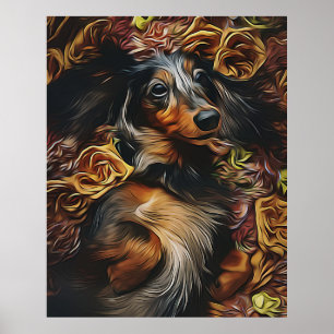 Hög Vinkel Porträtt i Dachshund Ljugande på Fält Poster