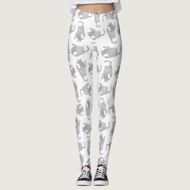Hög vinkel vysketchy teckning-kattmotiv mönster leggings (Framsida)