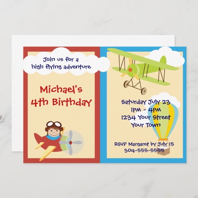 Höga flygande Äventyr-Födelsedagsfest Inbjudningar (Fram/baksida)