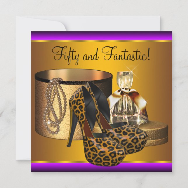 Höga Heel Shoes Leopard Guld Womans 50:e födelseda Inbjudningar (Framsida)