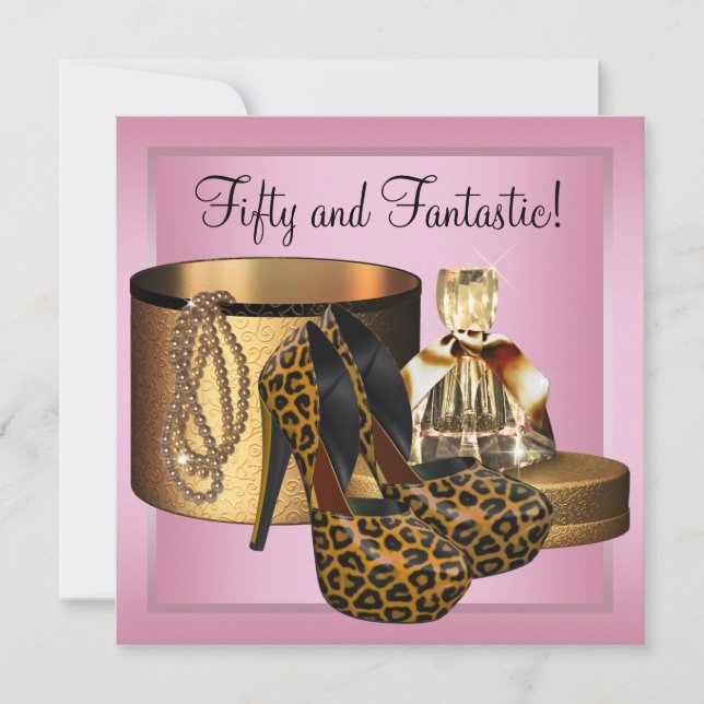 Höga Heel Shoes Leopard Guld Womans 50:e födelseda Inbjudningar (Framsida)