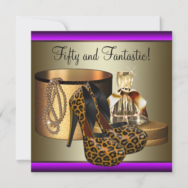 Höga Heel Shoes Leopard Guld Womans 50:e födelseda Inbjudningar (Framsida)