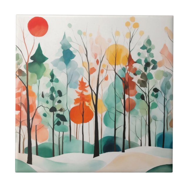 Höga hösten Sol, Abstrakt Vattenfärgsskog Kakelplatta (Framsidan)