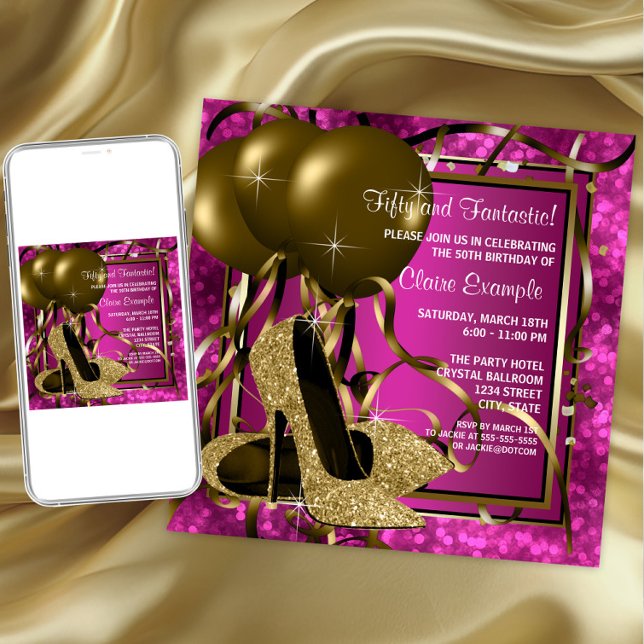 Höga klackar Kvinnas hetrosa födelsedagsfest Inbjudningar (Pink gold shoe any occasion invitation. Instant download and printed invitations available.)
