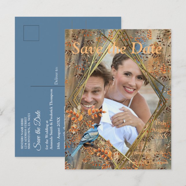 Höga träd, höstlöv & blåmesar. meddelande vykort (Fram/baksida)