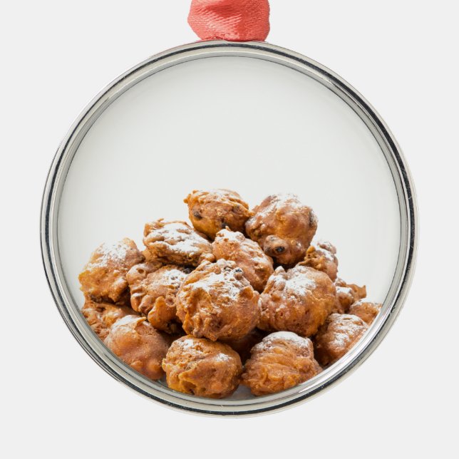 Högen av sockrat oliebollen eller stekte fritters julgransprydnad metall (Framsidan)