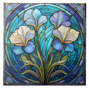 Höger Blommigt Iris Art nouveau Blue Grönt Retro Kakelplatta