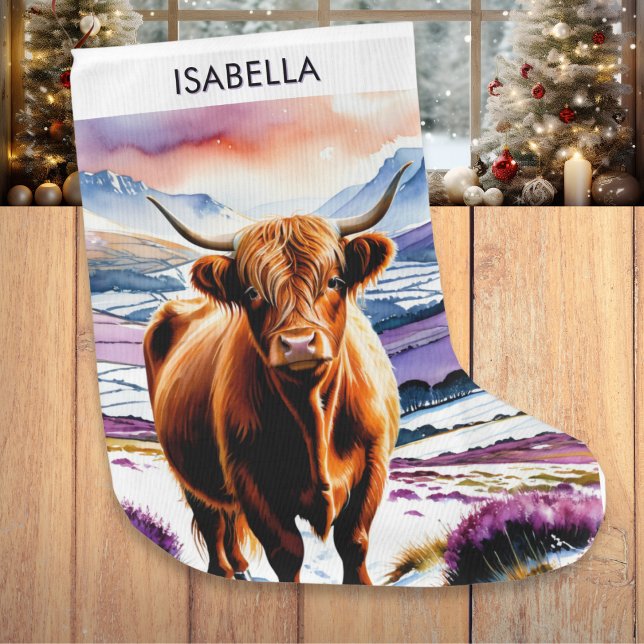 Höger kantfärg på vattenfärg stor julstrumpa (A personalized Christmas stocking, with picture of a Highland cow in snow with purple heather)