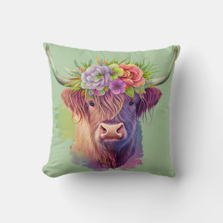 Höger vattenfärg för Cow med blommor Kudde