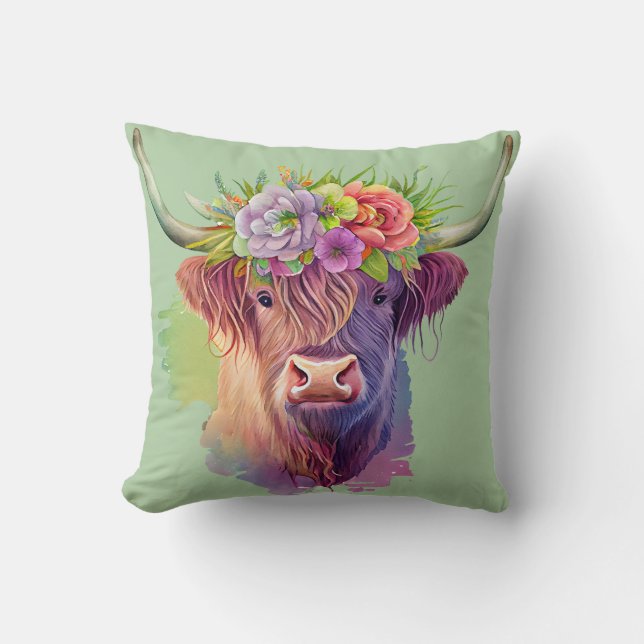 Höger vattenfärg för Cow med blommor Kudde (Framsida)