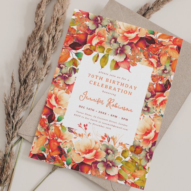 Högerfärgad Blommigt för höstfärg 70:e Födelsedags Inbjudningar (Fall Autumn Watercolor Floral 70th Birthday Party Invitation)