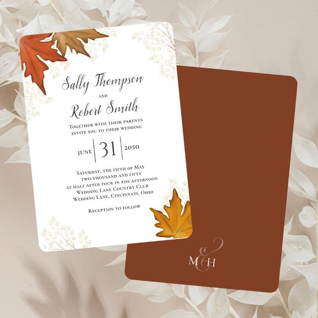Högerfärgad Löv Bröllop Anpassningsbar Inbjudningar (Elegant fall foliage wedding invitation.)