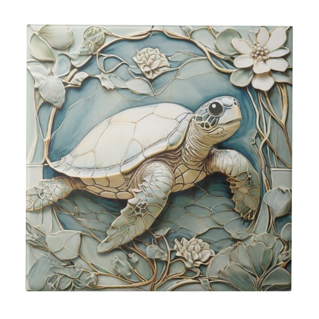 Högerna Art nouveau Faux Relief Ocean Sea Turtle Kakelplatta (Framsidan)