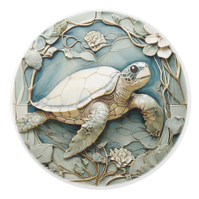 Högerna Art nouveau Faux Relief Ocean Sea Turtle Knopp (Framsidan)