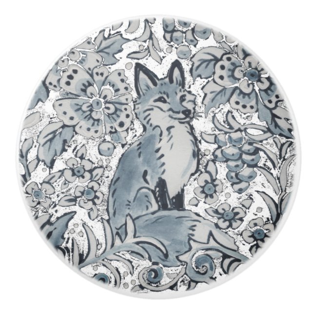 Högerna Blue Fox Blommigt Woodland Unique Art Delf Knopp (Framsidan)