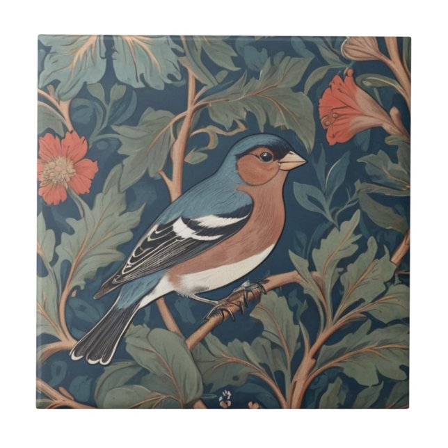 Högerna Chaffinch William Morris stil mot Bird Kakelplatta (Framsidan)