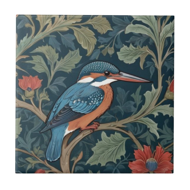 Högerna Kingfisher Bird William Morris stil, vänd  Kakelplatta (Framsidan)