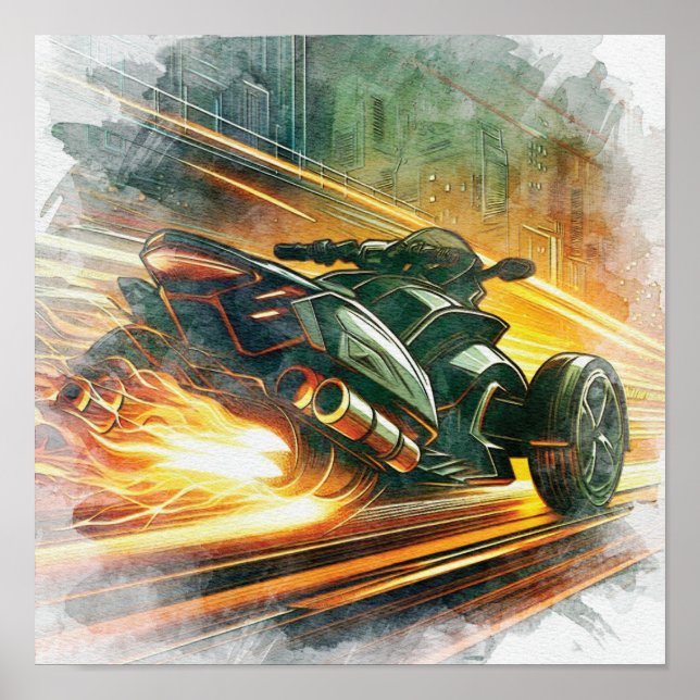 Höghastighetsjakt med Can-Am-motorcykel i neonstad Poster (Framsidan)