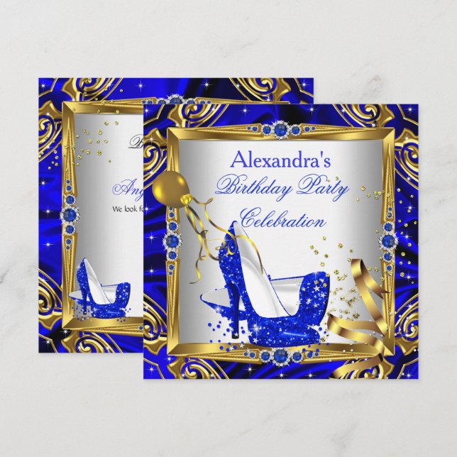 Höghastighetsskor i royal Blue Glitter Guld White  Inbjudningar (Fram/baksida)