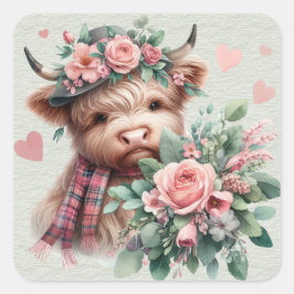 Höghlandskö med Ro Headress Bouquet Valentine Fyrkantigt Klistermärke