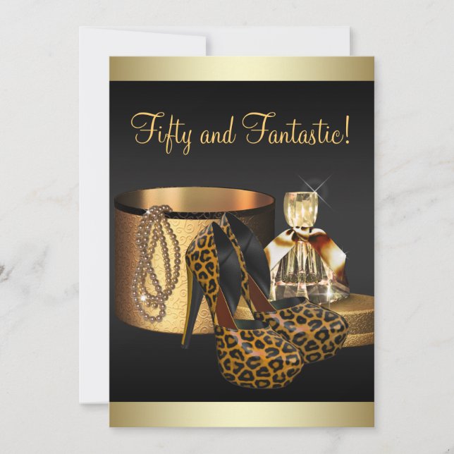 Högklackade skor leopard guld kvinnors födelsedag inbjudningar (Framsida)