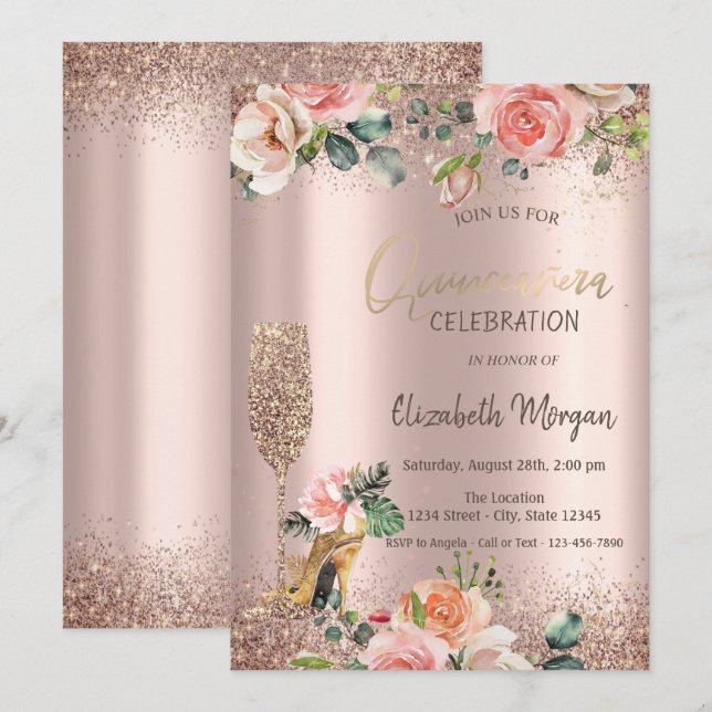 Högklackar av glitter-glas, Ro Quinceañera Inbjudningar (Fram/baksida)