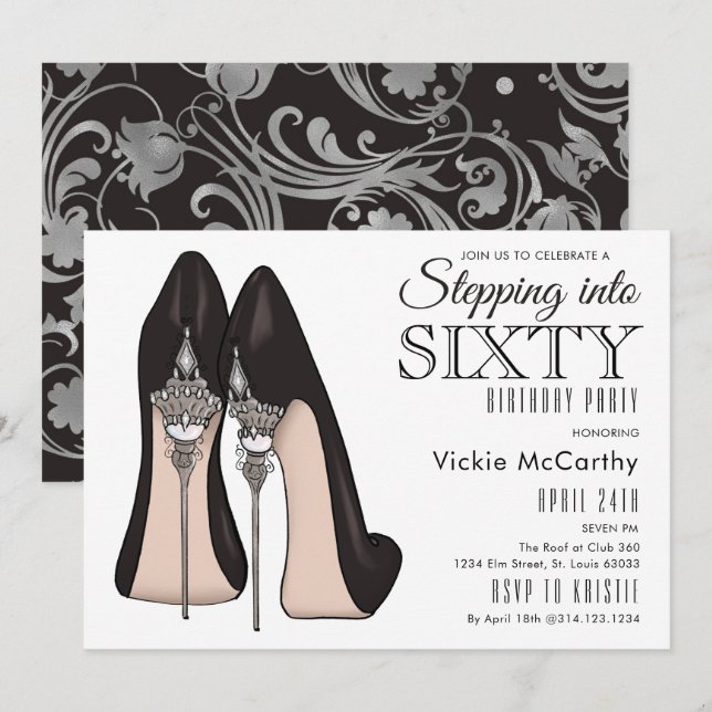 Högklackar som går upp i sextio Födelsedagsfester Inbjudningar (Fram/baksida)
