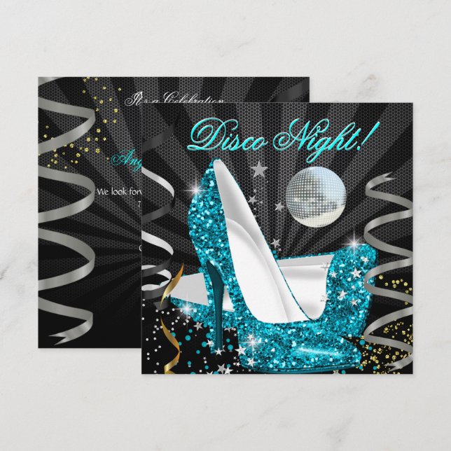 Högklackarna Disco Night Teal Guld Black Glitter Inbjudningar (Fram/baksida)