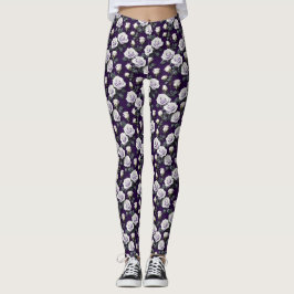 Högkontrastvita rosor på en djup kunglig lila leggings