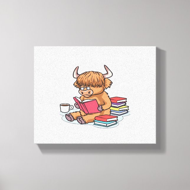 Högland Cattle Cow Read Bokar Drink Coffee Classi Canvastryck (Framsida)