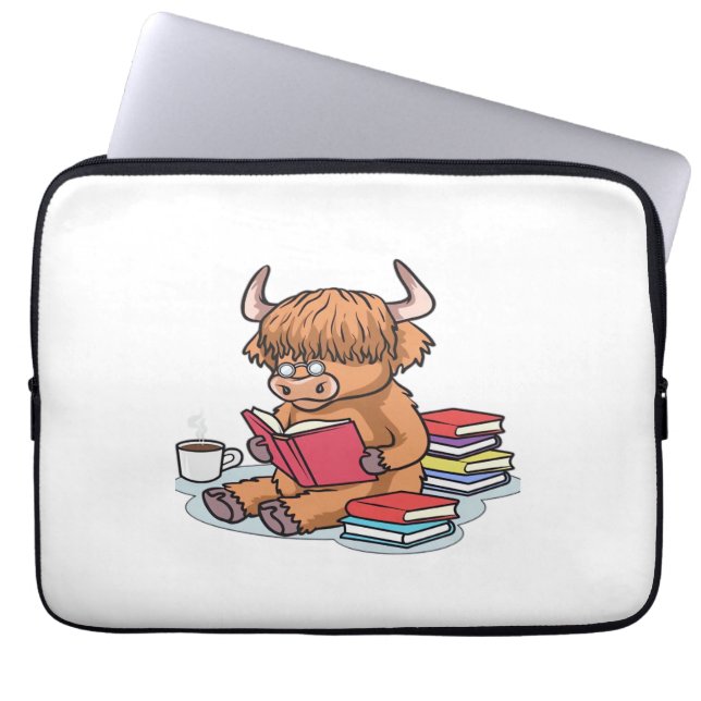 Högland Cattle Cow Read Bokar Drink Coffee Classi Laptop Fodral (Framsidan)