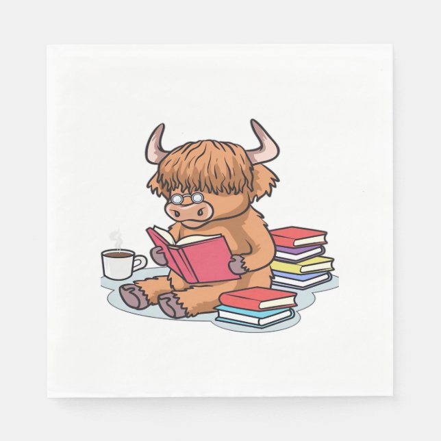 Högland Cattle Cow Read Bokar Drink Coffee Classi Pappersservett (Framsidan)