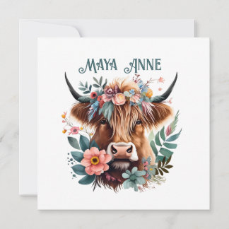 Högland Cow Boho Blommigt Watercolor Card