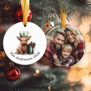 Högland Cow Holly Krona Ceramic Photo Ornament