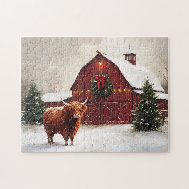 Högland Cow Red Barn-julfransen Pussel (Horisontell)