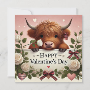 Högland Cow Valentine med Vit ros Julkort