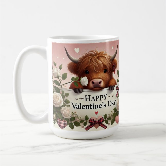Högland Cow Valentine med Vit ros Kaffemugg (Vänster)