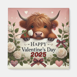 Högland Cow Valentine med Vit ros Magnet