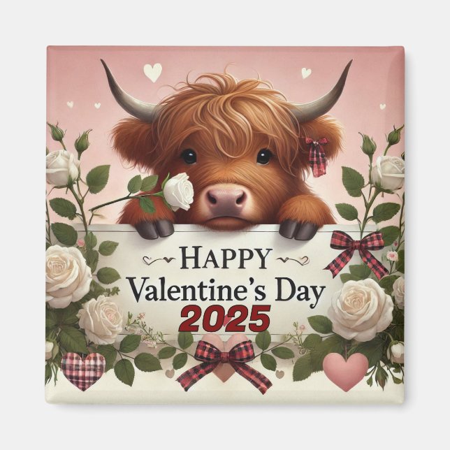 Högland Cow Valentine med Vit ros Magnet (Framsidan)