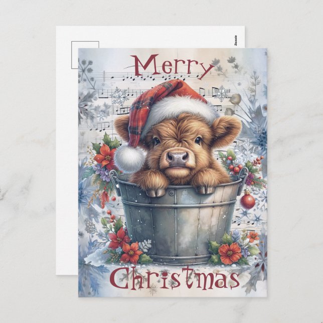 Högland, Cow Vinter Jul - vattenfärg Helg Vykort (Fram/baksida)